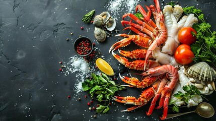 Delicious seafood assortment with king crab legs, prawns, and clams, served with herbs