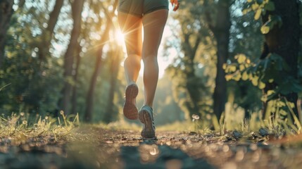 A woman is running through a forest with the sun shining on her legs