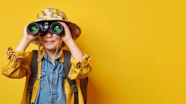 A young boy wearing a yellow hat and a blue shirt is looking through binoculars