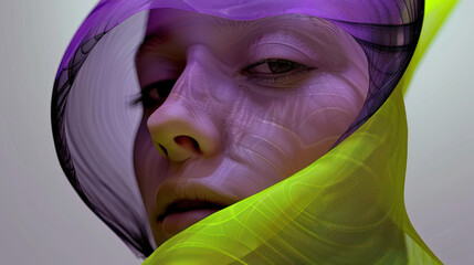 3D render of a purple and yellow female face with a transparent hood, smooth skin, detailed in the style of an abstract artist