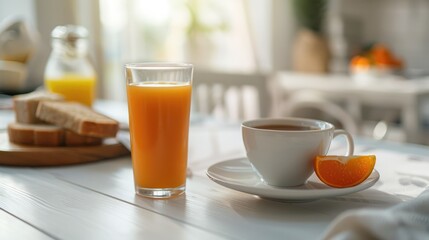 Morning meal - coffee, juice, and toast on white table. Blank space in background.