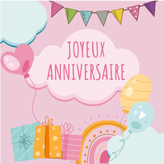  carte ou bandeau pour souhaiter un joyeux anniversaire en rose dans un nuage pour un enfant avec autour des ballons des cadeaux fanion de plusieurs couleurs sur un fond rose