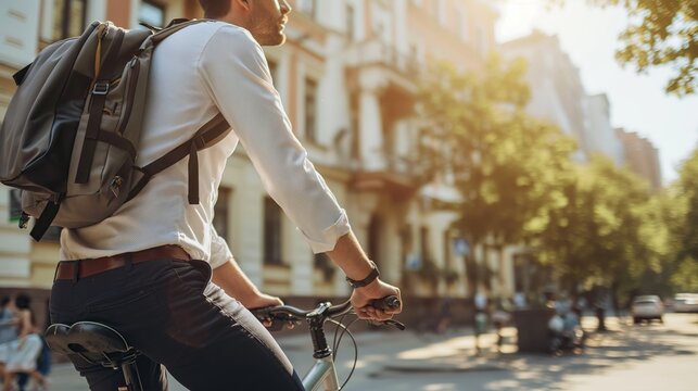 businessman riding a bicycle on the street going to work, holding backpack, cycle to work day