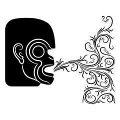 Stylized monkey head in profile with swirls emerging from her mouth. Ethnic animal design of Maya Indians from ancient Guatemala. Breathing or speech. Black and white silhouette.