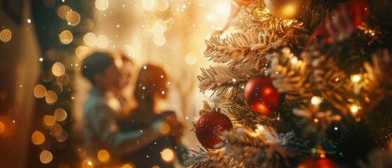 Photorealistic happy family decorating Christmas tree, twinkling lights, joyful faces, colorful ornaments, cozy living room, festive atmosphere, detailed decor