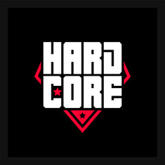 Hardcore: Extreme Workout or Fitness Brand Logo. Bold Typography Meets Edgy Design. Strength and Intensity Conveyed Through Striking Red and White on Black.