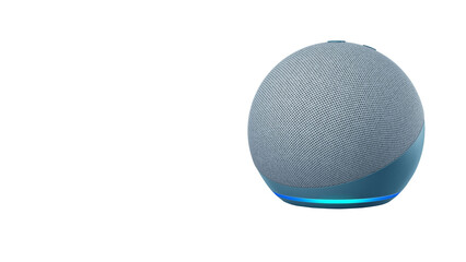Closeup of blue spherical speaker, isolated on white copy-space background.