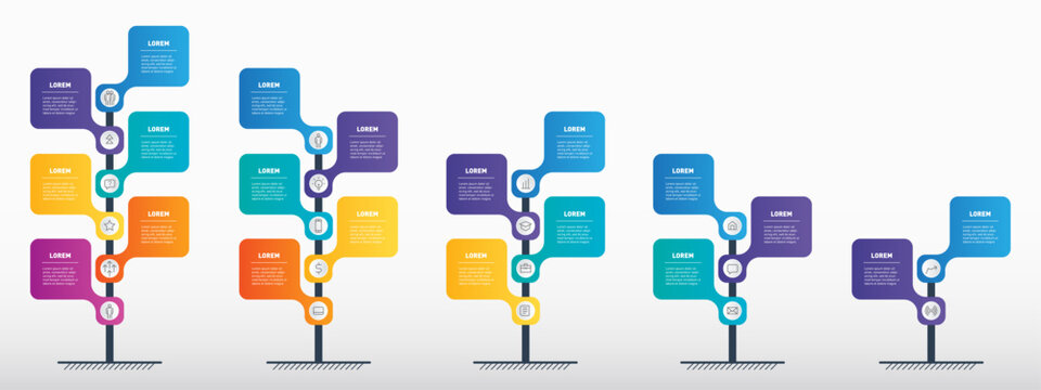Colorful Vertical Timeline Infographic: Business Growth Roadmap. Five-Stage Process Visualization with Icons. Modern, Clean Design for Presentations and Reports.