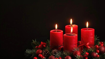 Beautiful new advent wreath with four red candles in a vertical low angle view against a black background with room for text
