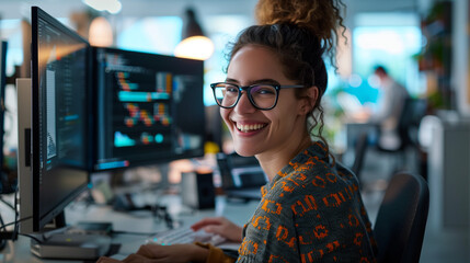software developer smiling at her desk, computer, woman, business, office, working, people, work, cafe, restaurant, laptop, internet, monitor, businessman, desk, technology, businesswoman, person, smi