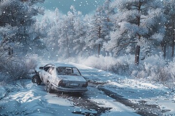 Snowy Car Accident Scene - White Car Trapped in Icy Road in Winter Forest