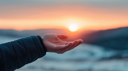 A hand reaching out towards the setting sun against a landscape of mountains and snow. Themes of hope, serenity, and connection with nature, highlight beautiful natural time.