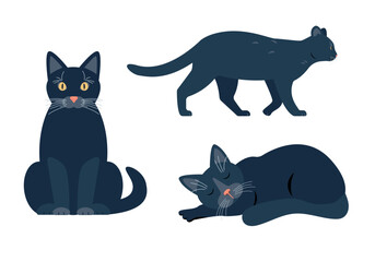Set of Black Cats in different poses. Sitting, walking and sleeping cat icons. Cute pet animal. Vector illustration isolated on white background.