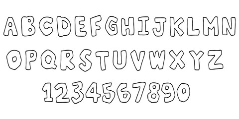 Funny child's handwriting, alphabet outline doodle on white background. Alphabet and numbers for learning, coloring letters for puffers.