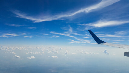 beautiful thick clouds in the sky from the height of the flight of the plane with a view of the wing with engines
