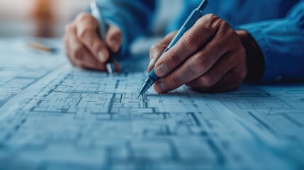 Two hands work on a detailed blueprint with pens, comparing and reviewing architectural plans, finding errors in the details of the drawing, symbolizing architectural design or technical planning.