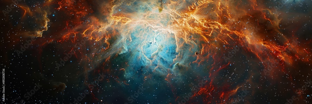 Wall mural Dramatic double exposure image of the Crab Nebula,symbolizing the violent death of a massive star in a spectacular supernova explosion. The vibrant.