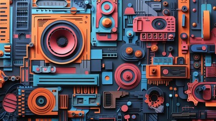 Fototapeta premium A complex, layered paper-cut illustration of various mechanical and electronic components, symbolizing technology, engineering, or innovation.