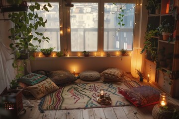 Inviting bohemian room with twinkling lights and cushions, perfect for relaxed evenings