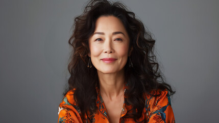 Beautiful middle age Asian woman with wavy brunette hair, studio shot against gray background, copy space