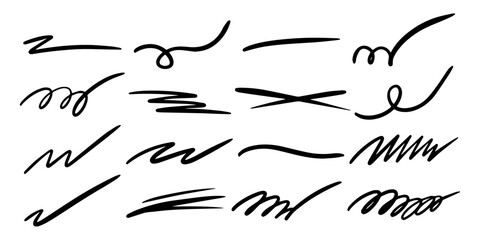 Hand drawn collection of curly swishes, swashes, swoops. Vortex calligraphy. Highlight text elements on a white background. Vector illustration.