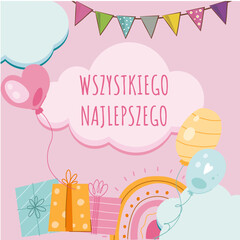 kartka lub opaska z życzeniami urodzinowymi w kolorze różowym w chmurce dla dziecka z prezentami w postaci proporczyków w kilku kolorach wokół balonów na różowym tle © emmanuel