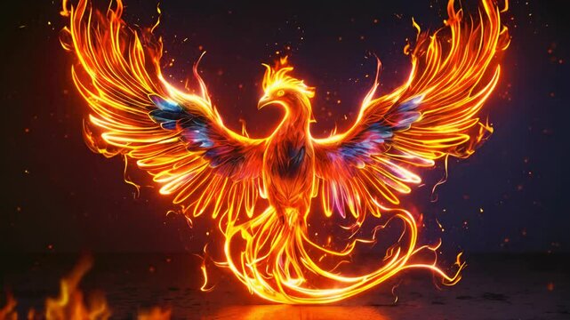 awe-inspiring rebirth of the mythical phoenix, engulfed in vibrant flames as it soars majestically through the sky, symbolizing renewal and the eternal cycle of life.