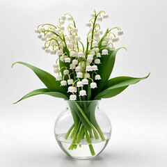 Lilies of the Valey in a clear vase on the white background. Creator Artist Nadia Russ.