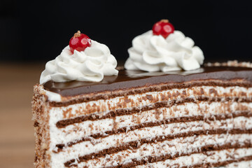 delicious fresh sweet cake with cream and cherry