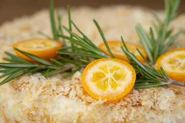 delicious fresh sweet fruit cake decorated with lemon