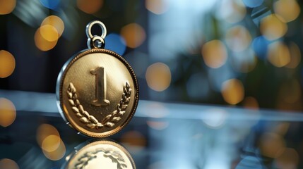 Close-Up of First Place Gold Medal with Reflective Surface and Bokeh Background for Award Celebrations