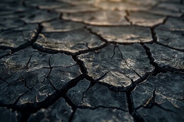 Closeup of sundrenched cracked soil, highlighting textures and patterns of drought