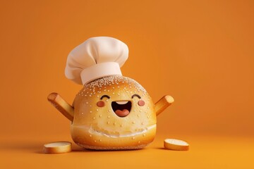 Happy cartoon bread with chef hat on orange background.
