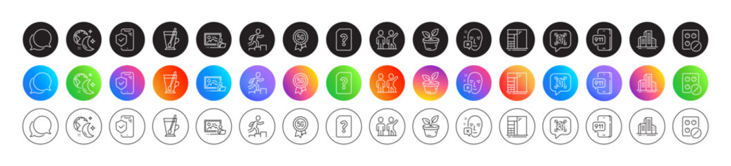 Teamwork, Buildings and Chat message line icons. Round icon gradient buttons. Pack of Phone insurance, Tea mug, Emergency call icon. Medical tablet, Leaves, Qr code pictogram. Vector