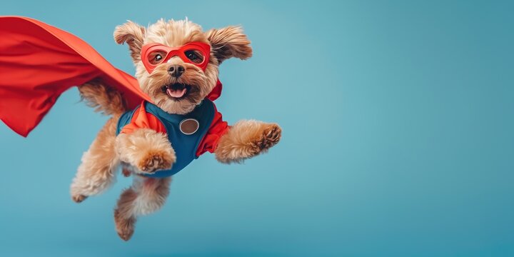 Miniature Schnauzer dog jumping wearing super hero clothes with mask isolated on blue background with copy space