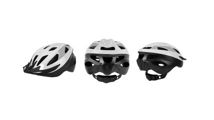 Closeup of bicycle helmets isolated on white copy-space background.