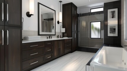Fototapeta premium Modern Bathroom Design with Stylish Vanity Empty Frame and Natural Light Interior Inspiration for Personalized Art Inserts and Relaxing Atmosphere
