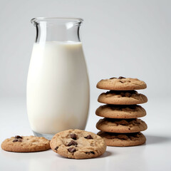 Milk and seven chocolate chips cookies.