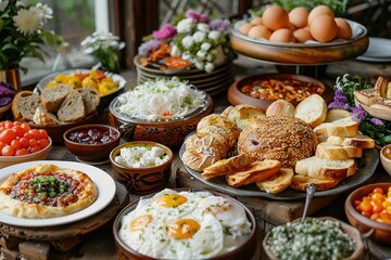 Brunch spread with a variet of dishes pastries. Village Breakfast with pastries, vegetables, greens, spreads, cheeses, fried eggs, jams