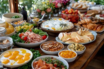 Brunch spread with a variet of dishes pastries. Village Breakfast with pastries, vegetables, greens, spreads, cheeses, fried eggs, jams