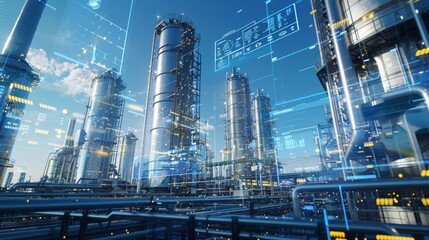CuttingEdge Industrial Refinery Futuristic Technology in Action with Holographic Interfaces and Advanced Piping Systems Under a Clear Blue Sky Fujifilm XT4 Capture