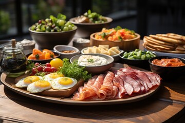 Brunch spread with a variet of dishes pastries. Village Breakfast with pastries, vegetables, greens, spreads, cheeses, fried eggs, jams.
