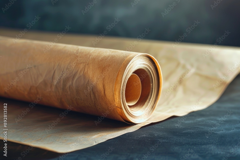 Poster A rolled up piece of brown paper sits on top of a table, ready for use