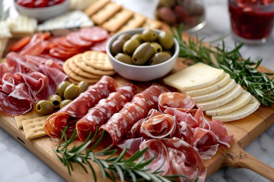 Elegant charcuterie board with a variety of cured meats, cheeses, olives, and crackers.