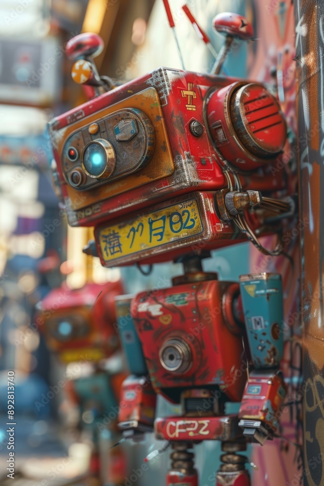 Aufkleber group of toy robots displayed on a wall