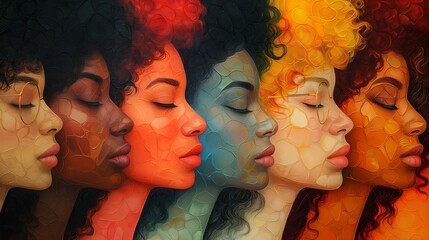Artistic portrait of diverse women in vibrant colors for cultural representation and empowerment