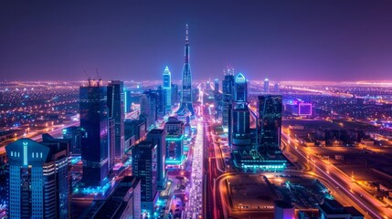 Fototapeta premium Glowing Metropolis Stunning Nighttime Cityscape with Kingdom Centre Tower Vibrant Lights and Traffic Trails Captured with a Nikon D780 for a Futuristic and Dynamic Aerial Perspective