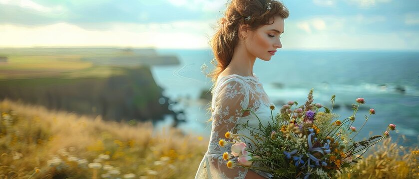 Bride holding a bouquet of wildflowers, standing on a cliff overlooking the ocean, windswept hair, dramatic natural lighting, wideangle shot, photorealistic