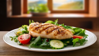 Grilled chicken fillet perfectly seared, placed on a white plate, with a fresh vegetable sal