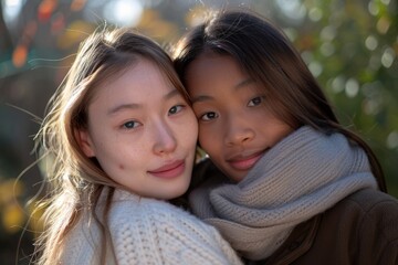 Obraz premium A beautiful close-up image of two diverse girls hugging each other with closed eyes and smiling - Women embracing in the outdoors -